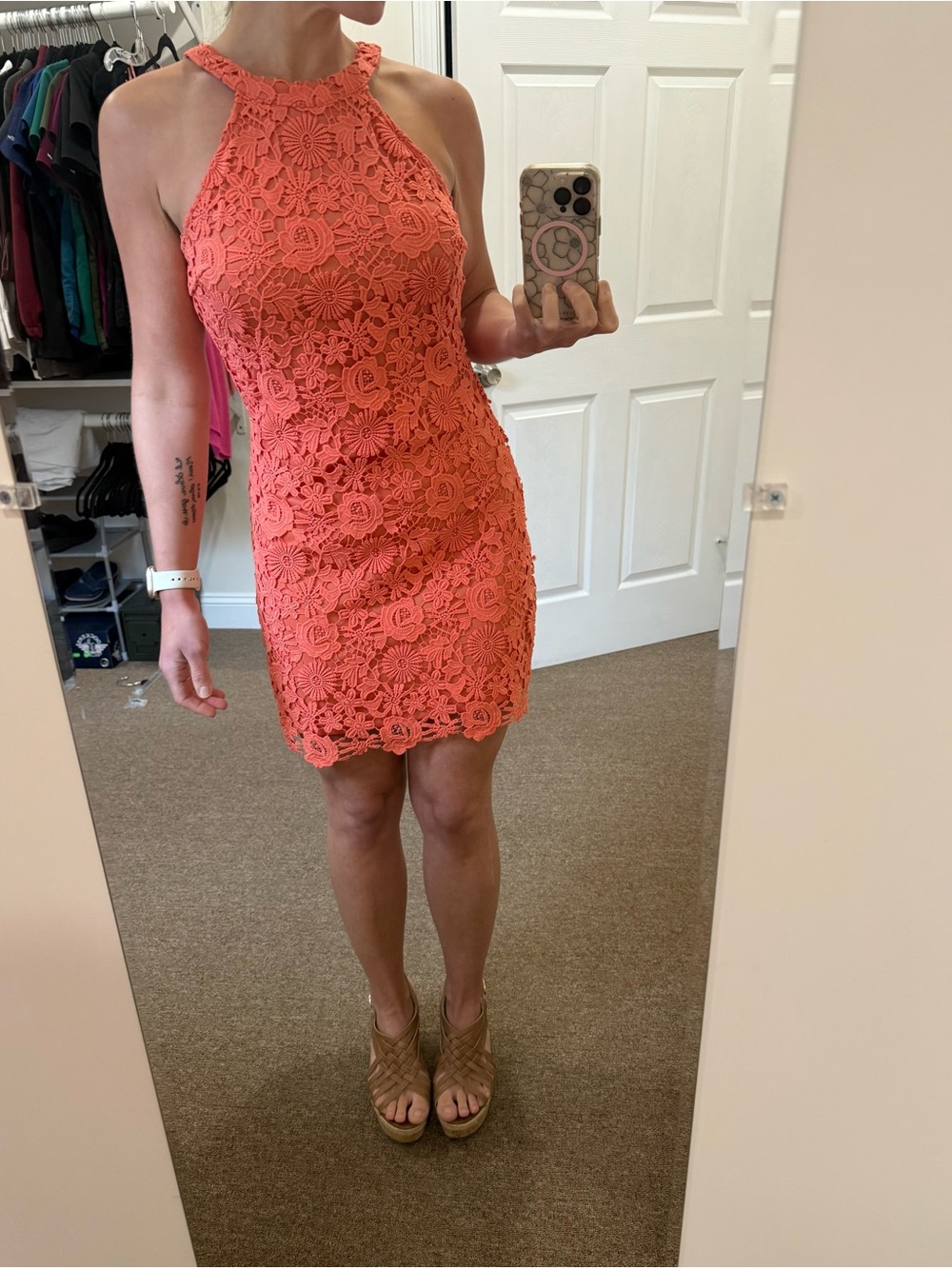 Lulus Love Poem Formal Coral Orange Lace Mini Dress, Medium